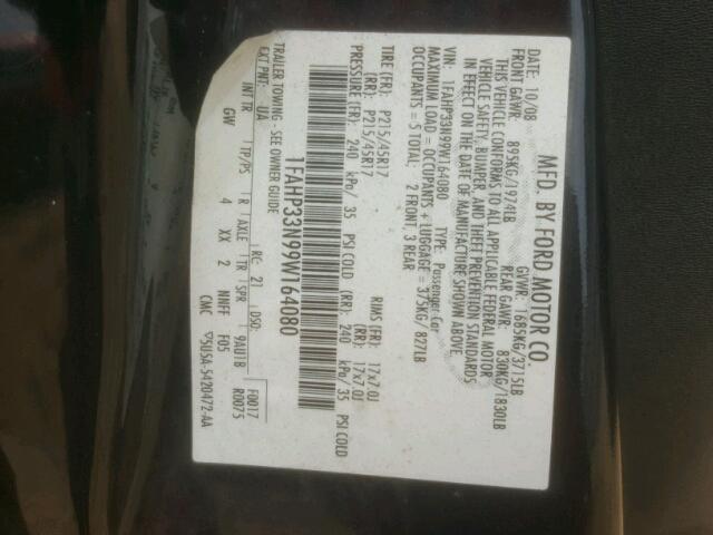 1FAHP33N99W164080 - 2009 FORD FOCUS SES BLACK photo 10