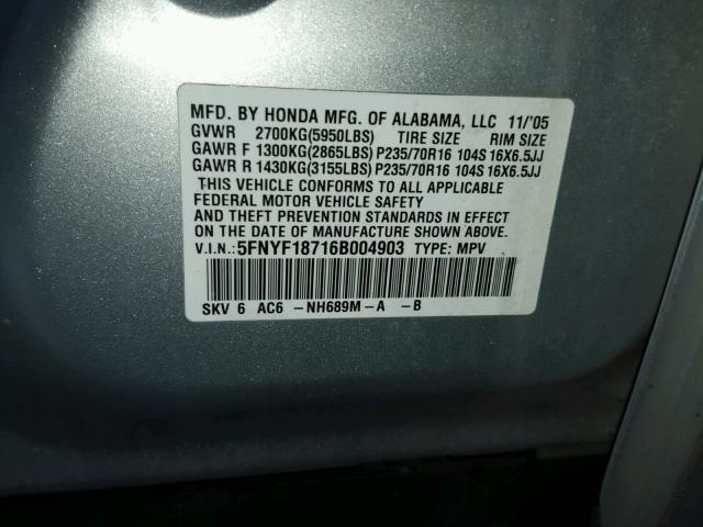 5FNYF18716B004903 - 2006 HONDA PILOT EX SILVER photo 10