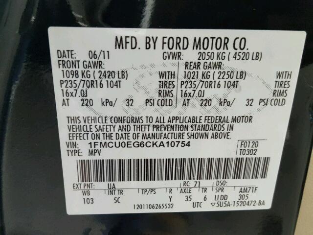 1FMCU0EG6CKA10754 - 2012 FORD ESCAPE LIM BLACK photo 10