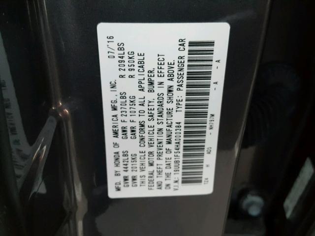 19UUB1F54HA000384 - 2017 ACURA TLX TECH GRAY photo 10