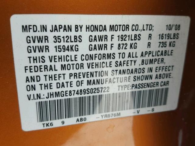 JHMGE87489S025722 - 2009 HONDA FIT SPORT ORANGE photo 10