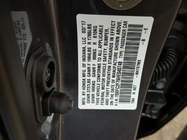 19XFC2F76HE040748 - 2017 HONDA CIVIC EX Grafit fotoğraf 10