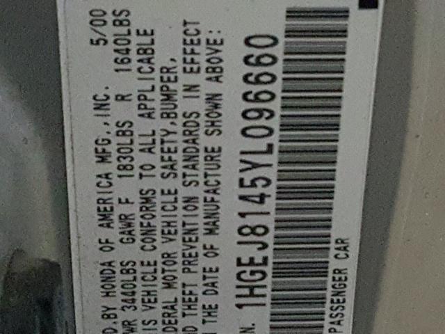 1HGEJ8145YL096660 - 2000 HONDA CIVIC EX ვერცხლისფერი ფოტო 10