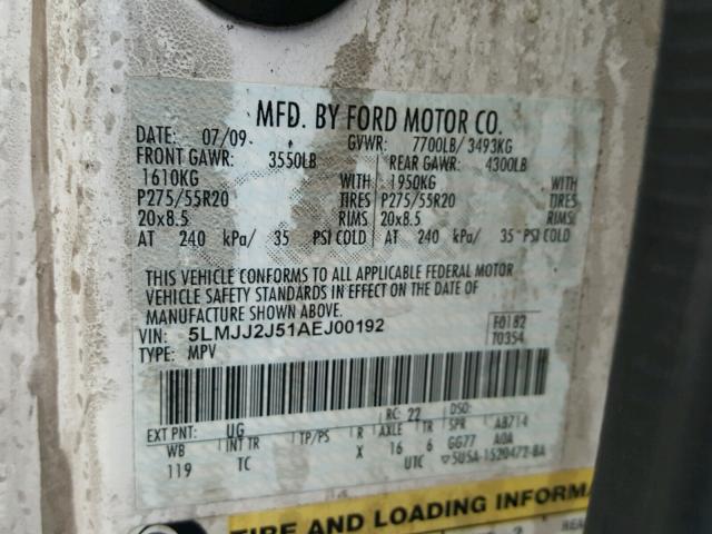 5LMJJ2J51AEJ00192 - 2010 LINCOLN NAVIGATOR თეთრი ფოტო 10