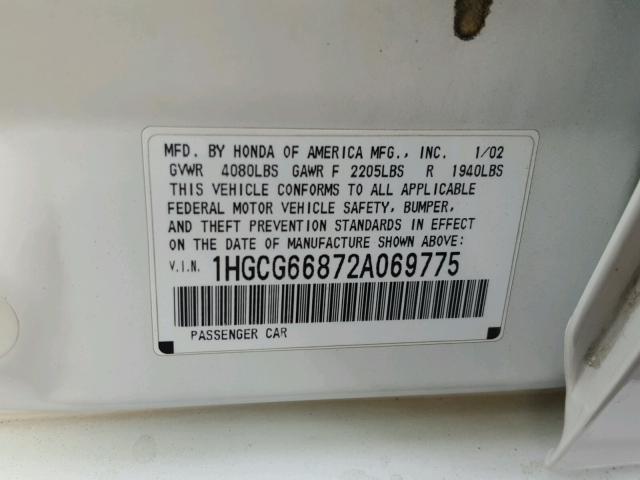 1HGCG66872A069775 - 2002 HONDA ACCORD EX WHITE photo 10