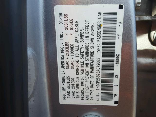 1HGCP26828A072083 - 2008 HONDA ACCORD EXL SILVER photo 10