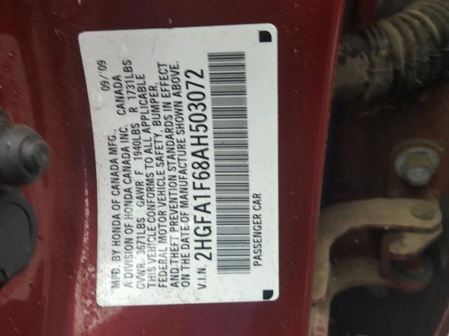 2HGFA1F68AH503072 - 2010 HONDA CIVIC RED photo 10