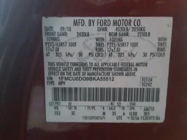 1FMCU0DG9BKA55512 - 2011 FORD ESCAPE XLT RED photo 10