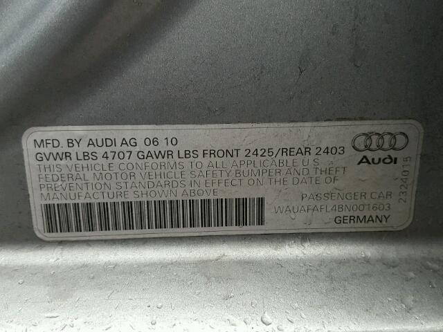 WAUAFAFL4BN001603 - 2011 AUDI A4 PREMIUM BLUE photo 10