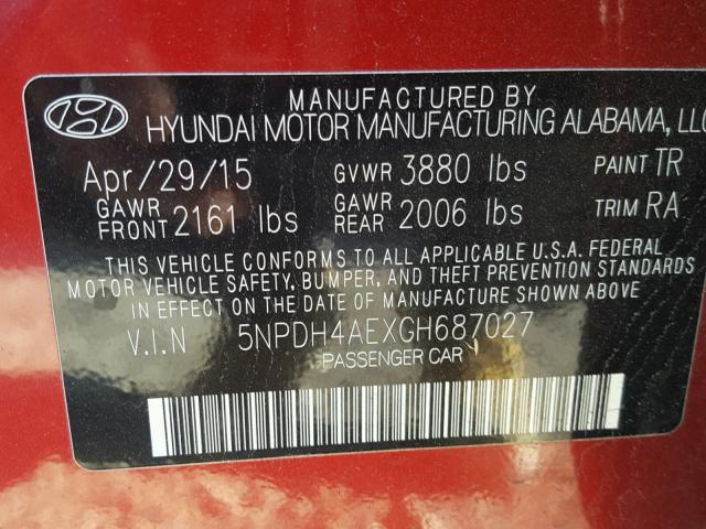 5NPDH4AEXGH687027 - 2016 HYUNDAI ELANTRA SE RED photo 10