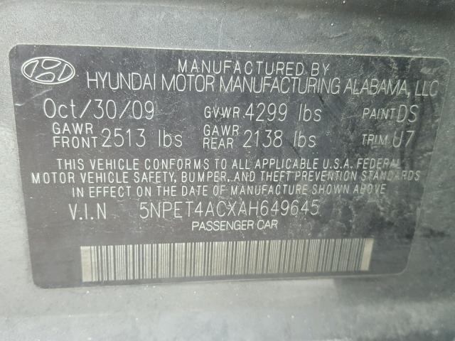 5NPET4ACXAH649645 - 2010 HYUNDAI SONATA GLS GRAY photo 10