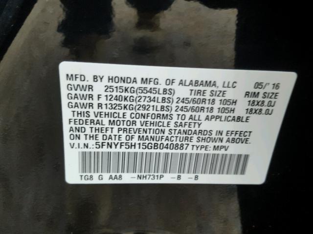 5FNYF5H15GB040887 - 2016 HONDA PILOT LX BLACK photo 10