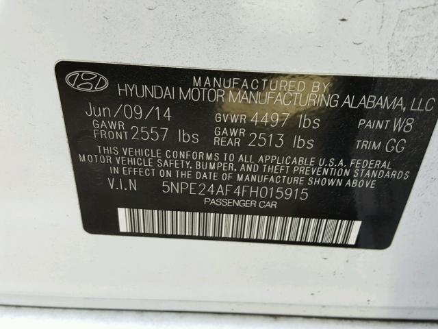 5NPE24AF4FH015915 - 2015 HYUNDAI SONATA SE WHITE photo 10