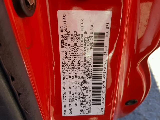 5TETU62NX7Z405838 - 2007 TOYOTA TACOMA PRE RED photo 10