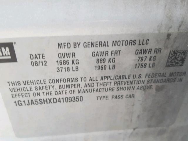 1G1JA5SHXD4109350 - 2013 CHEVROLET SONIC LS SILVER photo 10