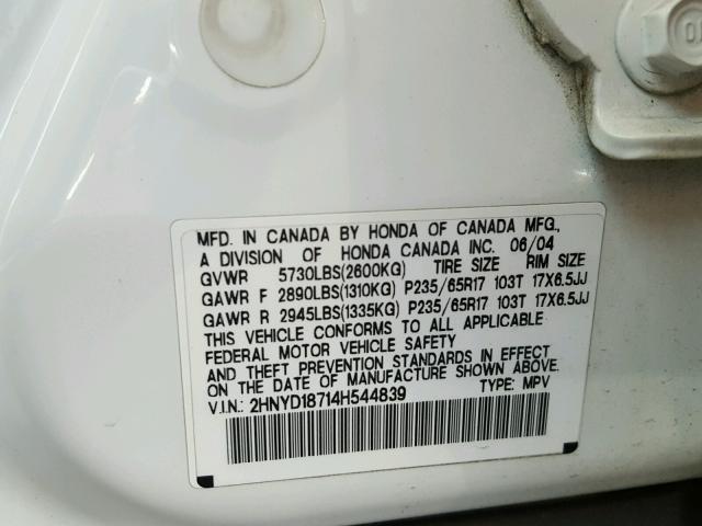 2HNYD18714H544839 - 2004 ACURA MDX TOURIN WHITE photo 10