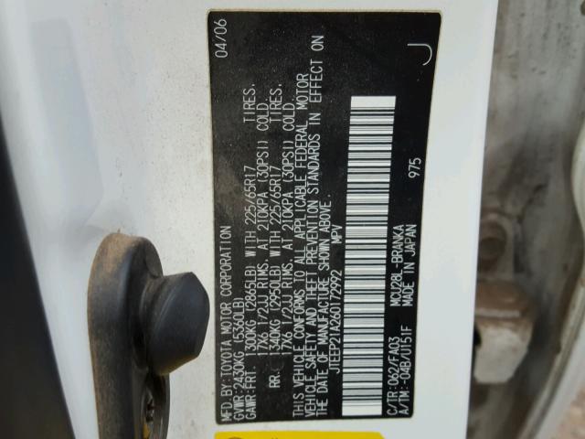 JTEEP21A260172992 - 2006 TOYOTA HIGHLANDER WHITE photo 10