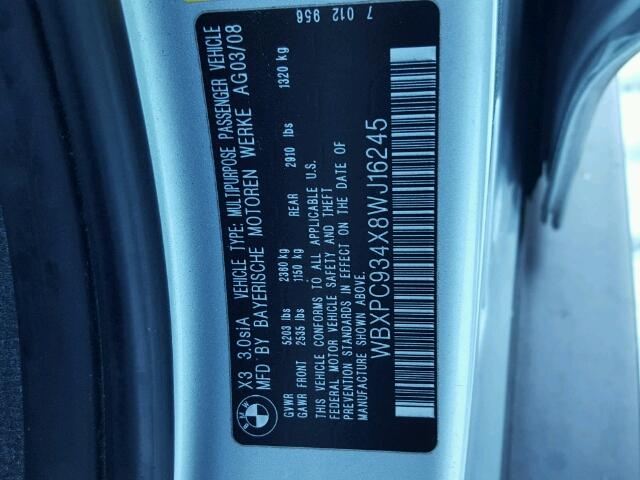WBXPC934X8WJ16245 - 2008 BMW X3 3.0SI SILVER photo 10