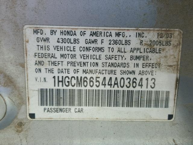 1HGCM66544A036413 - 2004 HONDA ACCORD EX SILVER photo 10