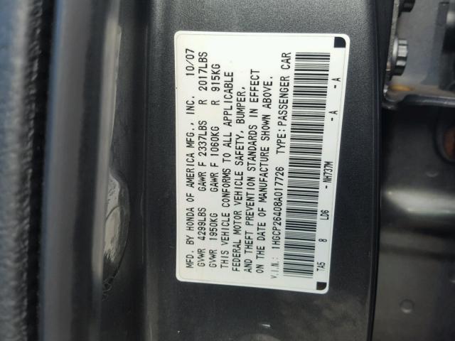 1HGCP26408A017726 - 2008 HONDA ACCORD LXP GRAY photo 10