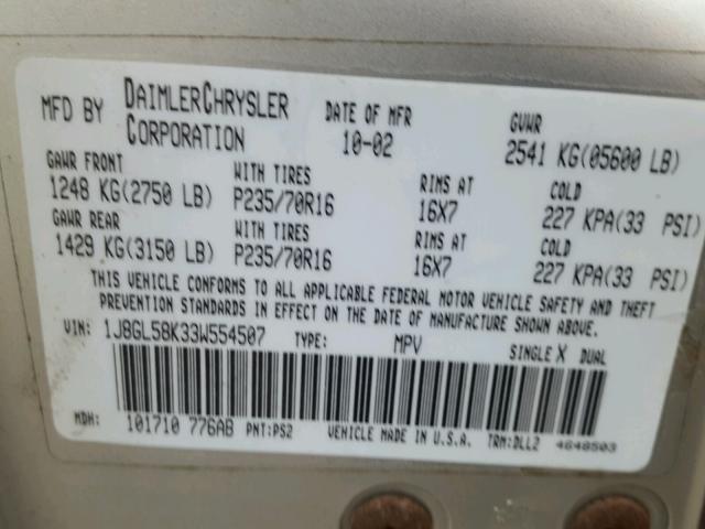 1J8GL58K33W554507 - 2003 JEEP LIBERTY LI SILVER photo 10