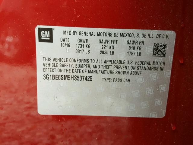 3G1BE6SM5HS537425 - 2017 CHEVROLET CRUZE LT RED photo 10