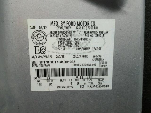 1FTNF1ET1CKD91035 - 2012 FORD F150 SILVER photo 10
