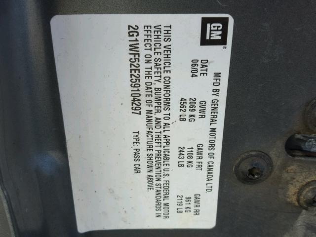 2G1WF52E259104297 - 2005 CHEVROLET IMPALA GRAY photo 10