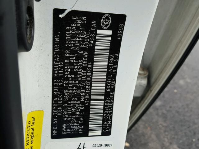 4T1BK1EBXEU084584 - 2014 TOYOTA AVALON BAS WHITE photo 10