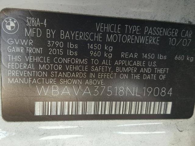 WBAVA37518NL19084 - 2008 BMW 328 I WHITE photo 10