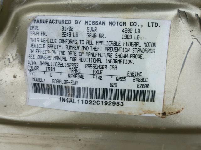 1N4AL11D22C192953 - 2002 NISSAN ALTIMA BAS GOLD photo 10