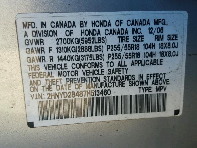 2HNYD28487H513460 - 2007 ACURA MDX TECHNO SILVER photo 10