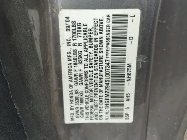 1HGEM22945L007347 - 2005 HONDA CIVIC EX GRAY photo 10