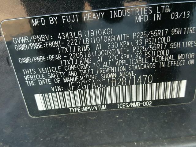 JF2GPAGC1D2871470 - 2013 SUBARU XV CROSSTR GRAY photo 10