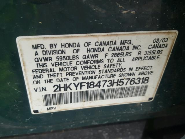 2HKYF18473H576318 - 2003 HONDA PILOT EX GREEN photo 10