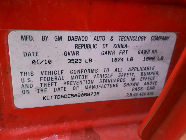 KL1TD5DE5AB088738 - 2010 CHEVROLET AVEO LS RED photo 10