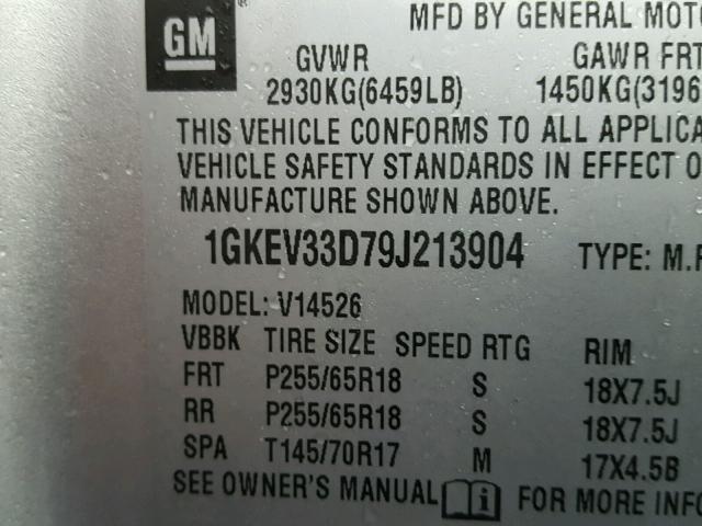 1GKEV33D79J213904 - 2009 GMC ACADIA SLT GRAY photo 10