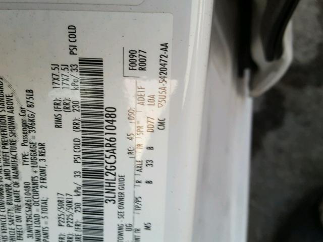 3LNHL2GC5AR610480 - 2010 LINCOLN MKZ Blanco foto 10