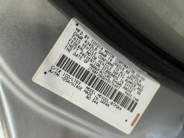 JT8BF28G6Y5076467 - 2000 LEXUS ES 300 GRAY photo 10