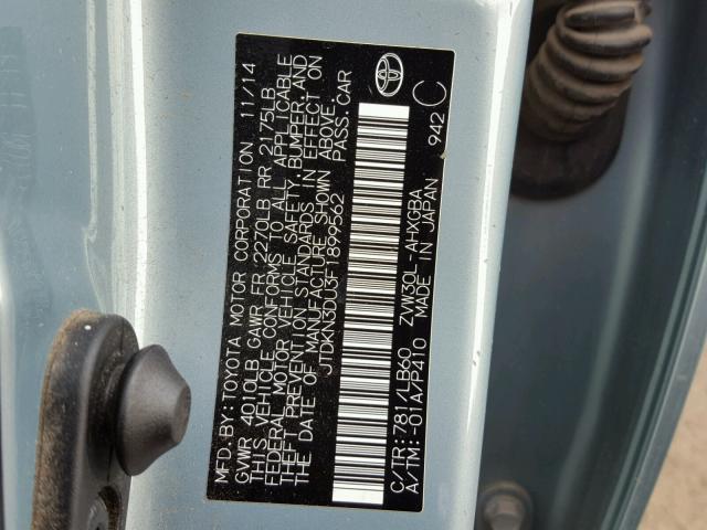 JTDKN3DU3F1899562 - 2015 TOYOTA PRIUS BLUE photo 10