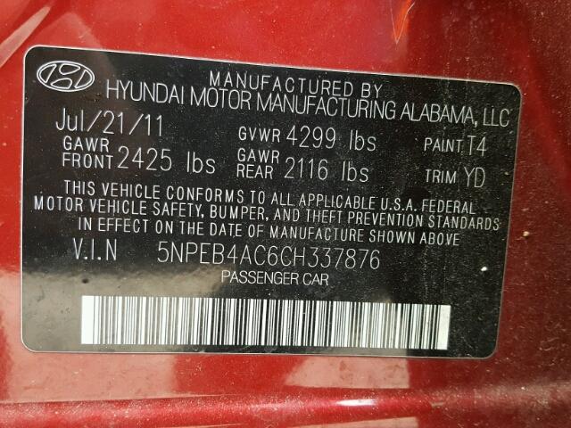 5NPEB4AC6CH337876 - 2012 HYUNDAI SONATA GLS RED photo 10