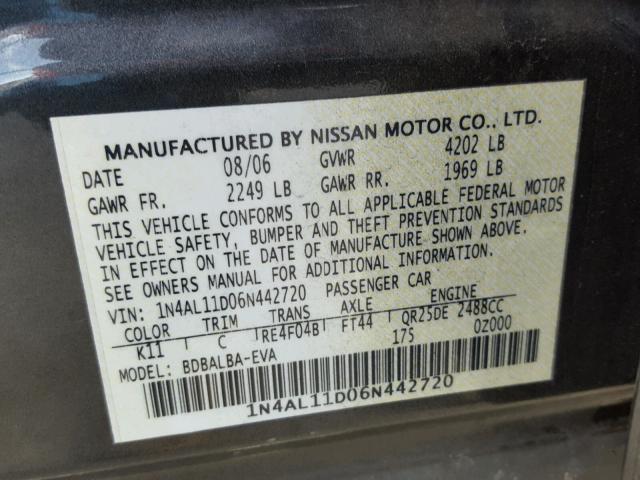 1N4AL11D06N442720 - 2006 NISSAN ALTIMA S GRAY photo 10