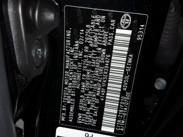 4T4BF1FK5ER394876 - 2014 TOYOTA CAMRY L BLACK photo 10