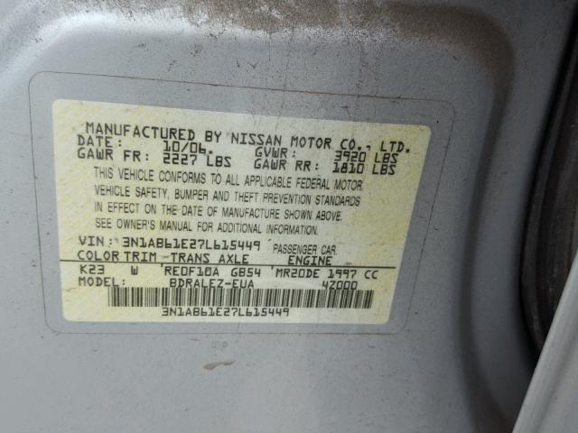 3N1AB61E27L615449 - 2007 NISSAN SENTRA 2.0 SILVER photo 10