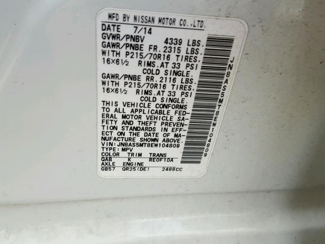 JN8AS5MT8EW104809 - 2014 NISSAN ROGUE SELE WHITE photo 10