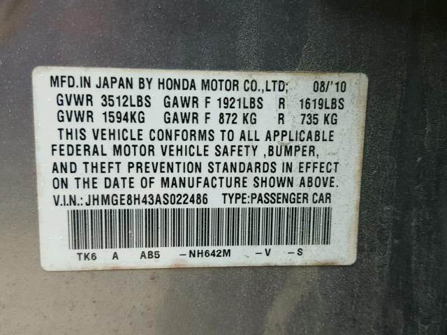 JHMGE8H43AS022486 - 2010 HONDA FIT SPORT GRAY photo 10