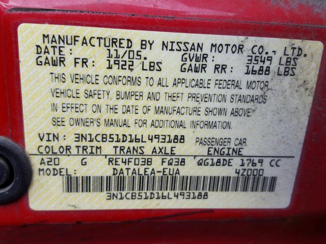 3N1CB51D16L493188 - 2006 NISSAN SENTRA 1.8 RED photo 10