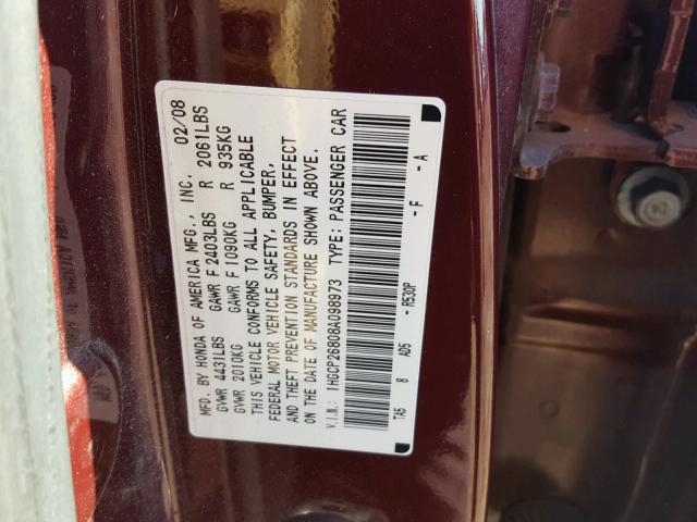 1HGCP26808A098973 - 2008 HONDA ACCORD EXL MAROON photo 10