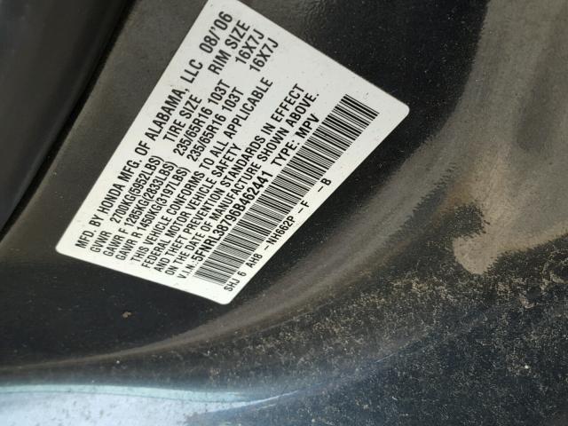 5FNRL38796B462441 - 2006 HONDA ODYSSEY EX GRAY photo 10