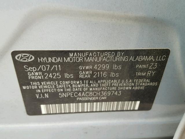 5NPEC4AC8CH369743 - 2012 HYUNDAI SONATA SE BLUE photo 10